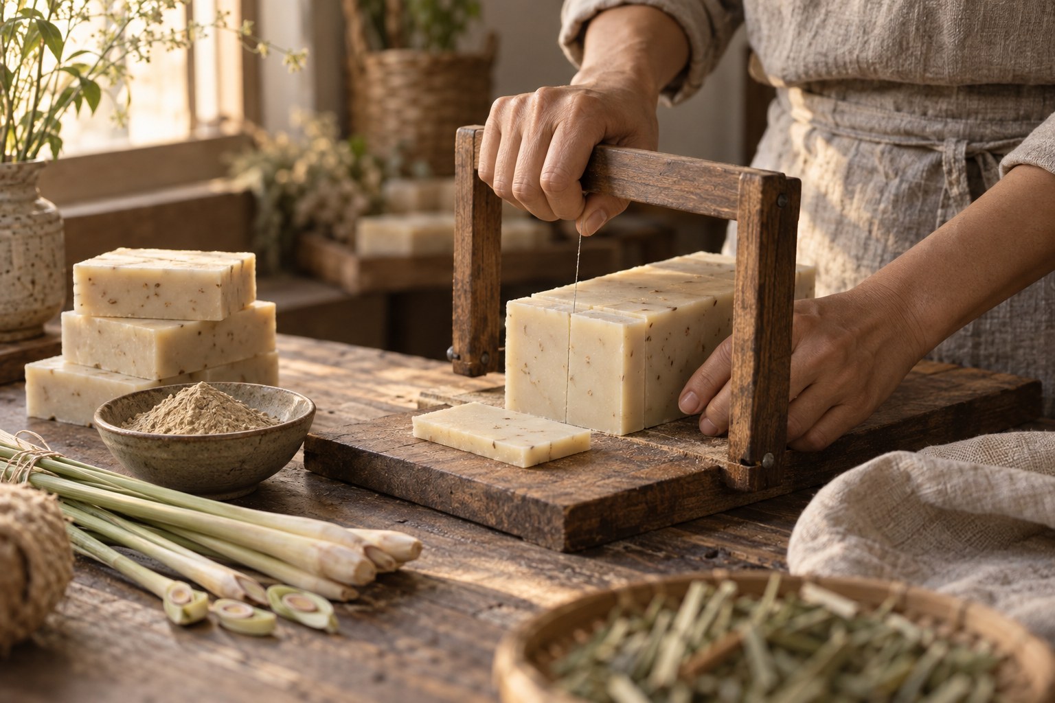 Handmade Thai herbal soap being cut in a Bangkok workshop