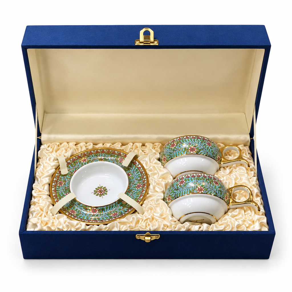 Benjarong espresso cup and saucer set for two in silk box — 1