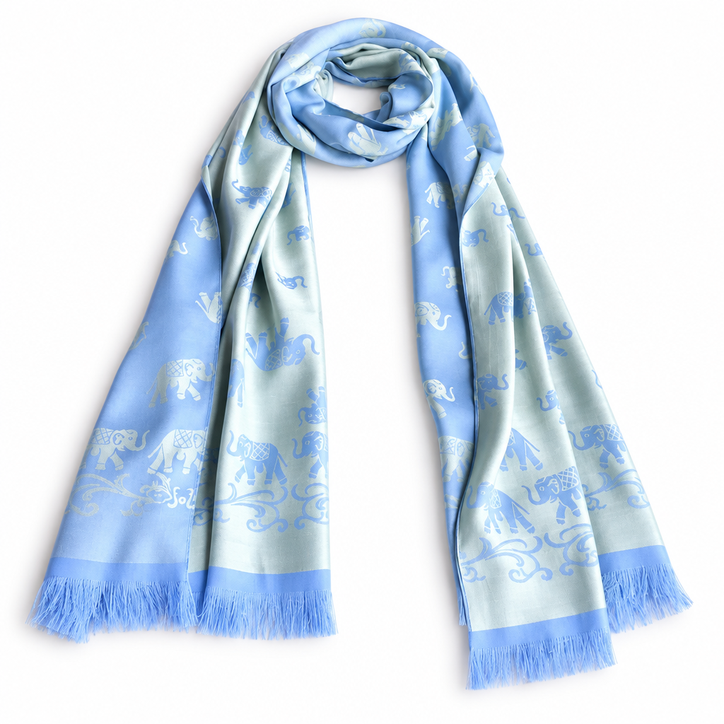 Handwoven Lightweight Thai Silk Scarf, Elephant Motif